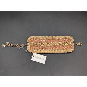 NEW SHELLEY Designer Statement Cuff Bracelet Peach AB Glass Beads Gold Tone NWT